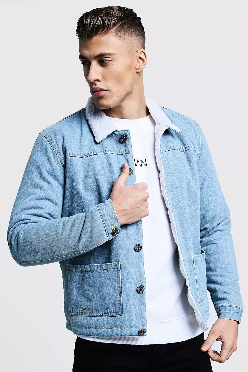 Mid Blue Fully Borg Lined Denim Jacket boohooMAN USA